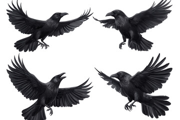 Fototapeta premium Set of raven crow birds in various poses with spread wings against a transparent background showcasing their powerful flight and striking features