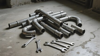 Metal Pipes and Wrenches on Concrete Floor