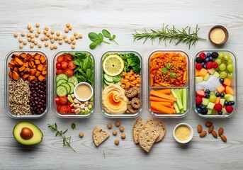 Healthy meal prep containers filled with fresh ingredients for balanced nutrition