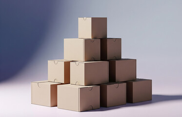 Fototapeta premium Stacked pile of cardboard boxes on a plain background symbolizing moving or storage organization.