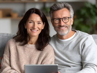 Happy mature couple smiling while looking at the camera with a tablet at home on the sofa together now.
