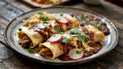Pasilla chile chicken enchiladas with dark mole sauce, garnished with radish slices and fresh cilantro on rustic ceramic plate