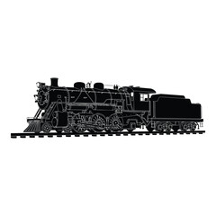 Obraz premium Black silhouette of a vintage steam locomotive on train tracks