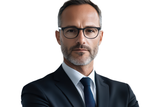 Confident businessman stands with arms crossed while wearing glasses and a formal suit against a transparent background during a professional portrait session