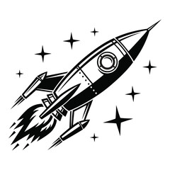 Retro rocket ship blasting through stars spaceship