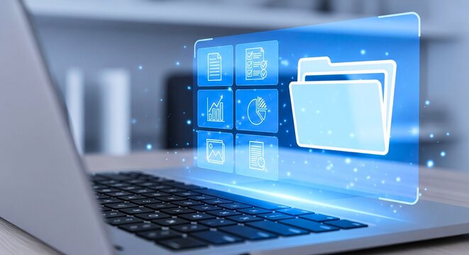 Digital Data Display: An illuminated graphic of digital data interface on a laptop screen, showcasing the dynamic realm of modern computing.
