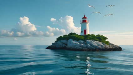 A white lighthouse with a red top stands on a rocky island surrounded by calm blue water under a partly cloudy sky, with birds flying overhead.