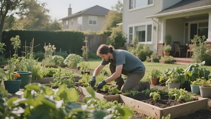 A person tending to plants in a well-maintained backyard garden