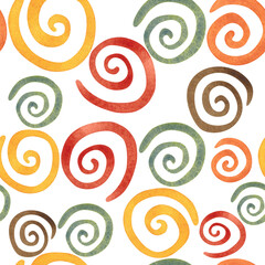 Seamless pattern of colorful large watercolor spirals. Hand drawn illustration. Drawing for scrapbooking, paper, textile