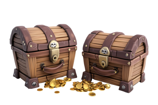 Cartoon wooden chests overflowing with shiny gold coins perfect for a pirate adventure theme