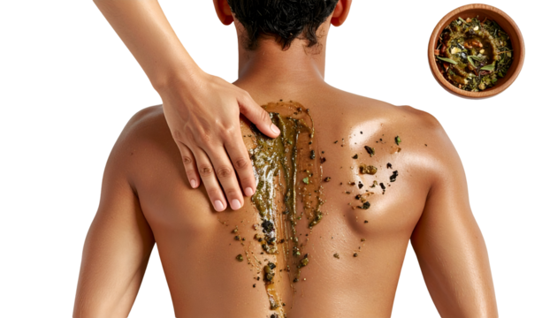 Back massage with natural herbal scrub and hand spa treatment on isolated white background