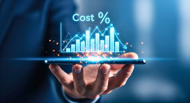 Financial Data: An individual showcases the dynamic financial data and cost percentage on a virtual screen in this digitally enhanced image.