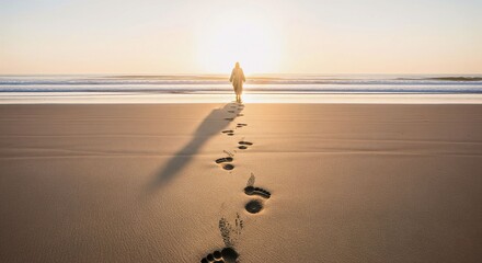 Footsteps on Sandy Beach: A solitary figure walks along a tranquil beach, leaving a trail of footprints in the sand, their journey under the warm glow of the setting sun.  Evokes themes of solitude.