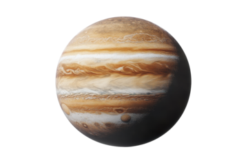Jupiter planet isolated with distinct bands and Great Red Spot floating on a transparent background