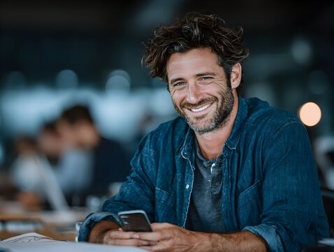 Handsome man smiles while holding his smartphone and wea a denim shirt in an indoor cafe setting.