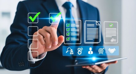 Fototapeta premium Streamlined Approval: A person in a suit and tie interacts with a virtual interface, highlighting the efficiency and precision of a modern approval process.