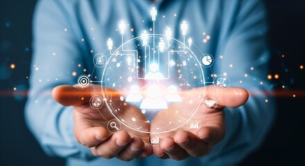 Digital Network in Hand: A businessman cradles a digital network, embodying technological connectivity and innovative concepts.