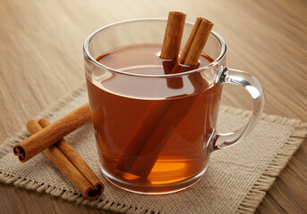 Clear Glass Mug with Chai Tea and Cinnamon Sticks on Rustic Cloth