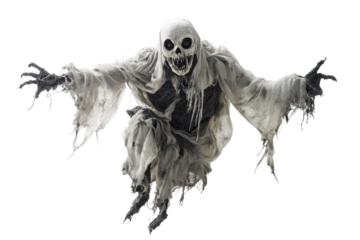 Halloween ghost figure floating against a white background, embodying spooky fun and seasonal celebration during October festivities
