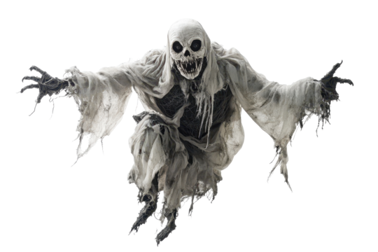 Halloween ghost figure floating against a white background, embodying spooky fun and seasonal celebration during October festivities