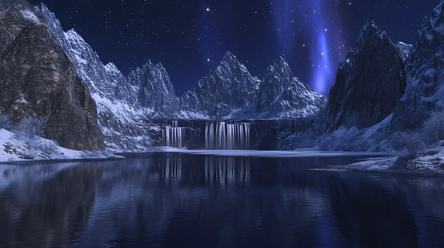 Winter mountain lake at night