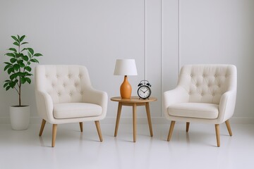 Serene Living Room Scene Featuring Two Upholstered Armchairs, a Side Table with a Lamp and Alarm Clock, and a Potted Plant