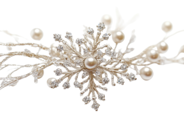 Intricate snowflake design featuring shimmering crystals and pearls set against a pure white background for elegant winter-themed decorations