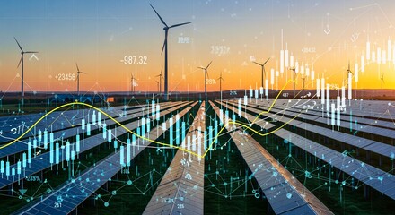 Renewable Energy Investment: A visually striking scene of solar panels and wind turbines at dawn, symbolizing the intersection of green energy and economic growth, with overlaid financial data