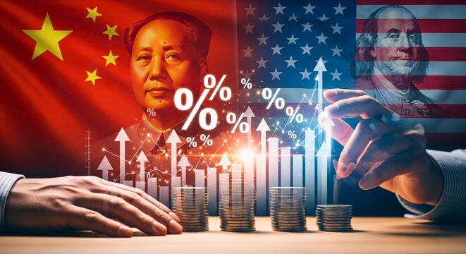 Geopolitical Economic Dynamics: An evocative and detailed graphic captures the complex financial relationship between the United States and China, portraying their economic ties, competitive spirit.