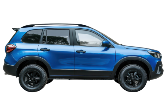 Blue SUV with black trim isolated in white background showcasing modern design and color contrast suitable for advertising or promotional use