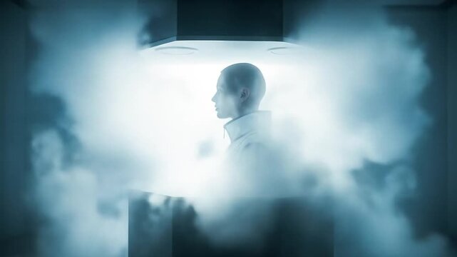 Futuristic Sci-Fi Scene: Bald Person in Cryo-Chamber Surrounded by Ethereal Mist and Blue Light