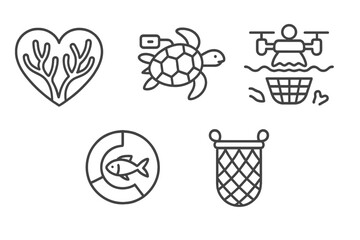 Creative illustrations of marine conservation concepts featuring a variety of sea life and environmental tools