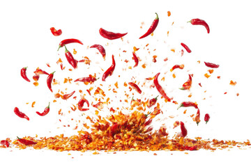 Exploding chili peppers scatter spicy flakes and seeds across a clean white background in dynamic motion