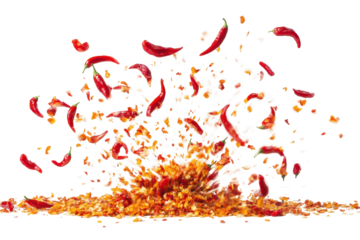 Exploding chili peppers scatter spicy flakes and seeds across a clean white background in dynamic motion