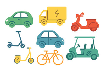 Colorful illustration of diverse vehicles including cars, bikes, and electric transport options in a playful design