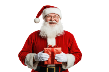 Santa Claus in a traditional red suit joyfully holding a beautifully wrapped gift during the festive season, spreading holiday cheer to everyone nearby