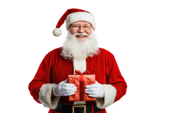 Santa Claus in a traditional red suit joyfully holding a beautifully wrapped gift during the festive season, spreading holiday cheer to everyone nearby