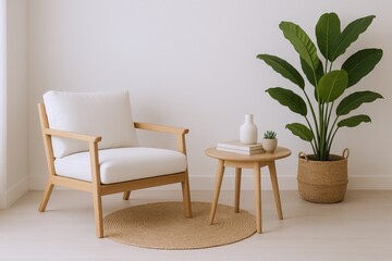 Modern Scandinavian Living Room Scene Featuring a Comfortable Armchair, Wooden Side Table with Decor, and a Lush Green Houseplant
