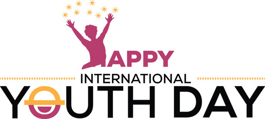 Silhouette of a joyful person and stars above with Happy International Youth Day in bold text. Festive and celebratory theme.