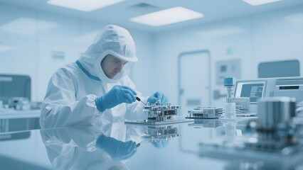 Scientist in protective suit working with microchips in a cleanroom laboratory