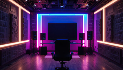 A gaming setup with a chair facing a large screen surrounded by neon lights and speakers in a dark room