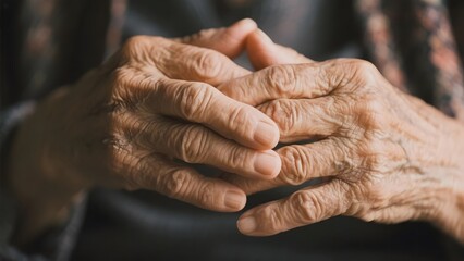 Fototapeta premium Close-up of elderly hands with visible wrinkles and veins, clasped together.