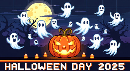 Pixelated halloween scene featuring ghosts pumpkin moon and halloween day year twenty twenty five