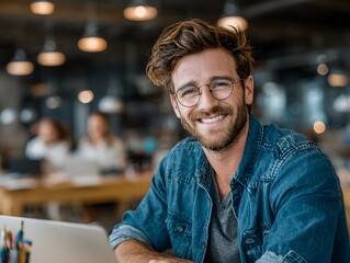 Fototapeta premium Happy casual man with glasses smiles broadly while using laptop in co working space with other people.