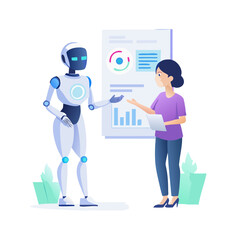 Robot and woman discussing data on a presentation isolated on white background