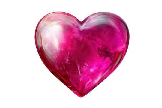 Glossy pink heart with a smooth surface floats on a transparent background, perfect for romantic themes and decorations showcasing love and affection