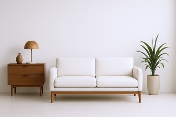 Fototapeta premium Modern Living Room Scene Featuring a White Sofa, Wooden Side Table with Lamp and Vase, and a Potted Plant.