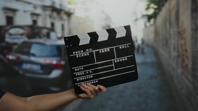 Man holding clapperboard on city street capturing outdoor film scene with focus on hands during sunlight.