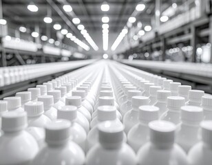 Obraz premium Production line of white bottles in a manufacturing facility