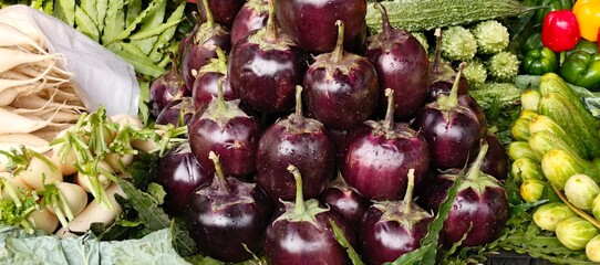 Pile of fresh purple eggplants and green vegetables fresh vegetables produce